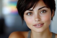 Young woman with short dark pixie haircut and natural makeup smiling warmly at camera against soft blurred background with gentle lighting and rainbow colors.
