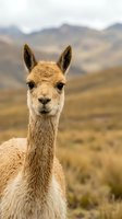 Young vicuña portrait with alert expression standing in Andean highland landscape with blurred mountain backdrop for wildlife and nature content.
