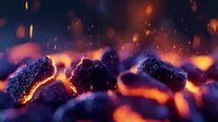 Glowing hot coal embers with orange flames and sparks in darkness, macro photography showing texture and heat details of burning charcoal pieces.