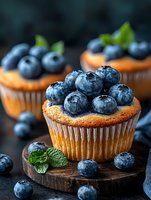 Fresh blueberry muffins topped with juicy berries and mint leaves on rustic wooden board, homemade bakery dessert for breakfast or snack time.