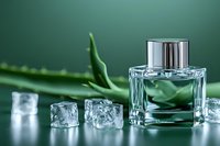 Luxury fragrance bottle with ice cubes and fresh aloe vera leaf on green background, elegant cosmetic product photography for beauty and skincare advertising.