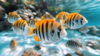 Vibrant orange and white striped tropical fish swimming in crystal clear turquoise water, selective focus on foreground fish against blurred school background.