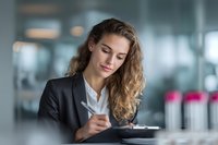Young Caucasian businesswoman with long wavy hair wearing black blazer writing in notebook at modern office desk, professional corporate lifestyle.