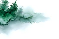 Ethereal emerald green watercolor forest silhouette fading into misty white background, creating atmospheric landscape for wall art and design projects.