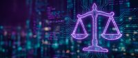 Digital justice scales with neon purple glow against futuristic circuit board background for legal technology and cyber law concepts.
