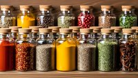 Colorful spice jars with cork lids arranged on wooden shelves containing various herbs, seeds, and seasonings for cooking and culinary preparation.