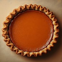 Fresh baked pumpkin pie with flaky golden brown crust and smooth orange filling photographed from above on brown background for seasonal holiday dessert menu.