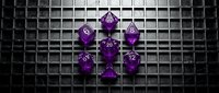 Polyhedral dice set in deep purple with white numerals arranged on dark metallic grid surface for tabletop gaming and role-playing campaigns.