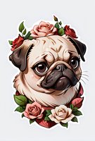 Adorable pug portrait surrounded by pink and red roses with green leaves on white background, stylized art for stickers, tattoo designs and decorative prints.