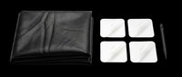 Black leather tablet case with four white sticky notes and black stylus pen, isolated on transparent background, ready for digital design, print-on-demand products, and marketing materials.