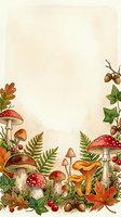 Autumn forest floor border with red toadstools, golden mushrooms, oak leaves, acorns, ivy, and ferns on cream background. Isolated design element for stationery, invitations, and seasonal projects.