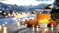 Cozy winter evening with glass of hot drink, tangerines and spices on wooden table against snowy mountain landscape with glowing bokeh lights at dusk.