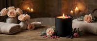 Spa wellness scene with burning candle, pink roses, towels and petals creating relaxing atmosphere for massage therapy and self-care rituals.
