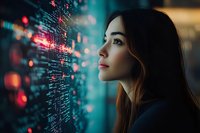Young Asian woman looking at futuristic digital interface with glowing data visualization and bokeh lights in dark modern environment, side profile view.