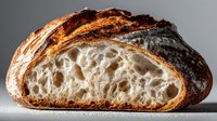 Artisan sourdough bread slice showing airy crumb structure with golden crust. Fresh baked loaf cross-section reveals open texture for bakery and food concepts.