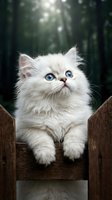 Fluffy white kitten with striking blue eyes perched on wooden fence, forest background, cute pet portrait for animal lovers and cat enthusiasts.