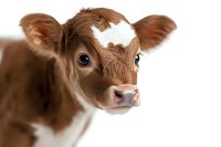 Young brown and white calf with big blue eyes looking at camera against white background, close up portrait of baby cow showing curious expression.