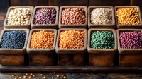 Colorful variety of raw lentils and legumes in wooden boxes arranged in rows, showing different types and colors of pulses on dark wooden background.