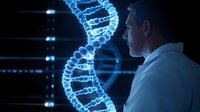 Caucasian male scientist in lab coat examining glowing blue DNA helix hologram against dark background with server equipment.