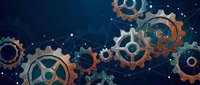 Industrial gears and cogs mechanism with network connections on dark blue background. Technology automation concept for business presentations.