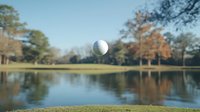 Golf ball floating above green grass near water hazard on golf course, with autumn trees and reflective pond creating serene sports atmosphere. Perfect for golf advertising.