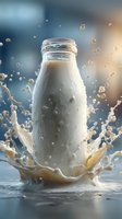 Fresh milk bottle surrounded by dynamic splash with droplets and creamy waves on blurred background for dairy product advertising and healthy nutrition campaigns.