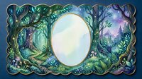 Enchanted forest frame with mystical trees, magical foliage and ethereal lighting surrounding oval mirror space for fantasy design projects.
