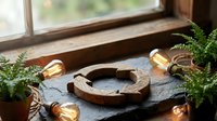 Wooden recycle symbol on slate surface surrounded by Edison bulbs and green ferns near a rustic window, eco-friendly sustainability concept.