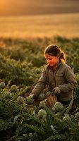Young female farmer harvesting fresh cabbage in field during golden hour sunset light for organic agriculture and sustainable farming concepts.