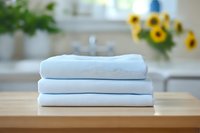 Stack of neatly folded white cotton bed sheets on wooden table with sunflowers in background, fresh clean laundry in bright interior setting.