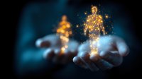 Glowing golden human figures made of light particles floating above open palms against dark background, magical energy visualization concept.