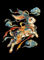 Ornate rabbit figure with decorative blue and gold patterns, flowing ribbons, and cloud motifs, isolated on transparent background. Ready for t-shirt design, clipart, stickers, sublimation, and print-on-demand products.
