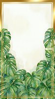 Elegant tropical frame with split-leaf philodendron plants and gold border on cream background, ready for invitations, posters, and design layouts.