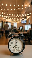 Vintage alarm clock with deadline now label on table in modern cafe with warm string lights creating cozy atmosphere for time management and productivity concepts.