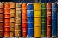 Row of vintage leather-bound books in various colors showing spines on wooden shelf, creating nostalgic library atmosphere for education and literature concepts.