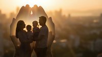 Family of four silhouetted against golden sunset sky, protected by giant cupped hands symbolizing care, safety and security for insurance concepts.