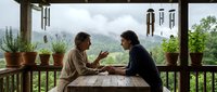 Two women enjoying coffee conversation on rustic wooden porch with mountain view, potted herbs and wind chimes creating peaceful outdoor dining atmosphere.