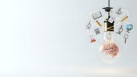 Human brain with educational icons floating above including books, calculator, graduation cap, and light bulb representing learning and knowledge concepts.