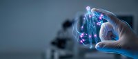 Hand holding glowing digital brain with neural network connections in laboratory setting for medical technology and artificial intelligence concepts.