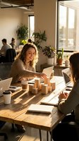 Young Caucasian woman architect working with wooden building blocks and laptop in modern office space with natural sunlight and plants.
