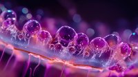 Vibrant pink and purple water droplets on a thin surface with bokeh background, creating a macro photography effect of dew or condensation.