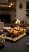 Roasted chicken with herbs on wooden cutting board in cozy dining room with candles and fireplace creating warm atmosphere for family dinner gathering.