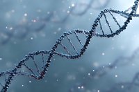 Metallic DNA double helix structure floating in atmospheric blue space with glowing particles and bokeh effects, representing genetic research and biotechnology.
