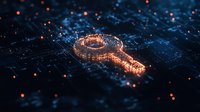 Digital glowing key shape with orange particles and light trails on dark blue tech background, representing cybersecurity and data protection concept.