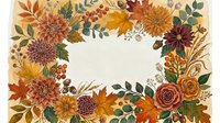 Watercolor autumn floral wreath frame with fall leaves, roses, dahlias, acorns, and berries in warm orange, red, and gold tones on white background.