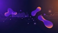 Modern AI artificial intelligence concept with purple gradient shapes, data visualization charts and futuristic digital network connections on dark background.