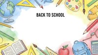 Back to school supplies frame with colorful stationery items, books, globe, calculator, backpack and apple creating educational border for students.