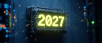 Futuristic neon 2027 display on metallic device with glowing yellow numbers against dark blue background with bokeh lights for tech presentations.