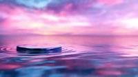 Circular platform floating on calm water surface with vibrant pink purple sunset sky reflection creating dreamy ethereal atmosphere for product display.