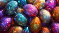 Cosmic Easter eggs decorated in vibrant galaxy colors with glitter effects featuring swirling nebula patterns in purple, turquoise, orange and gold against dark backgrounds.
